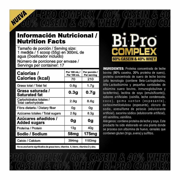 tabla nutricional bipro complex caseina proteina colombia cali bogota medellin pereira colombia